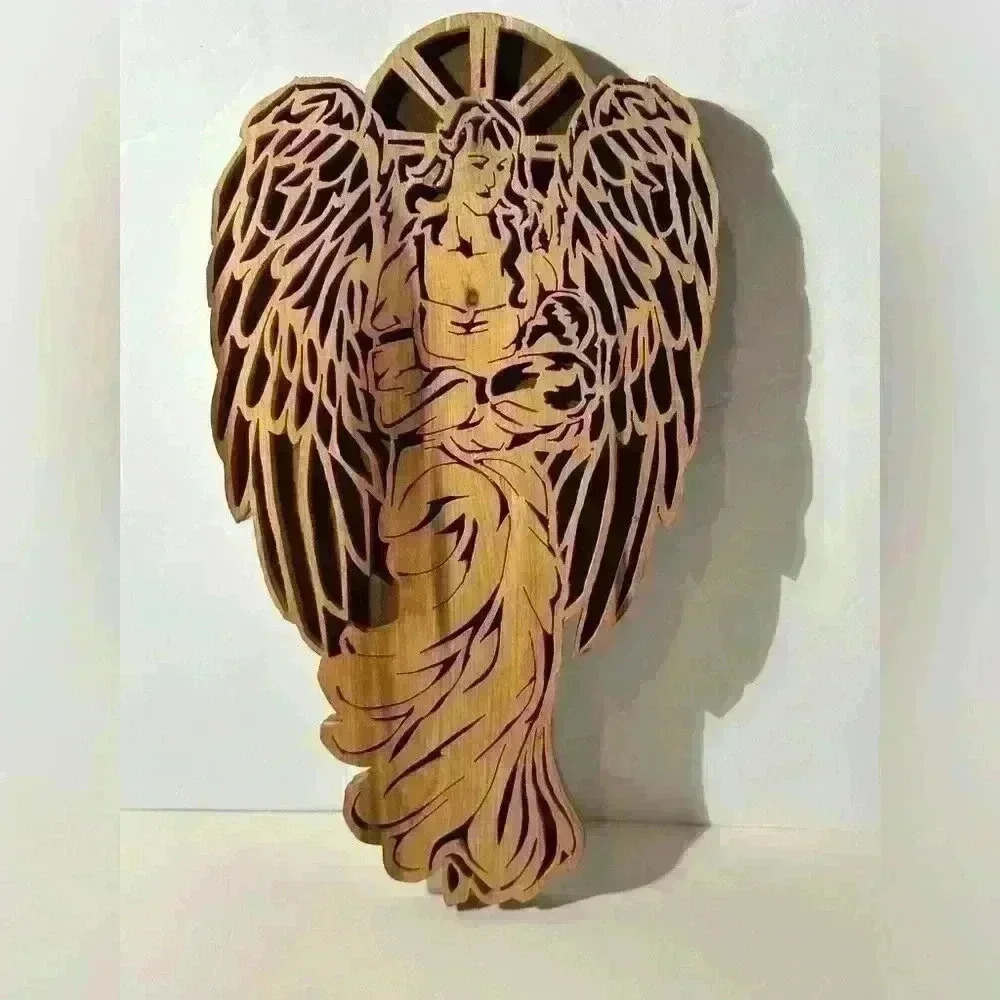 Handmade‎ Wooden Angel Holding Baby Wall Plaque- 10”